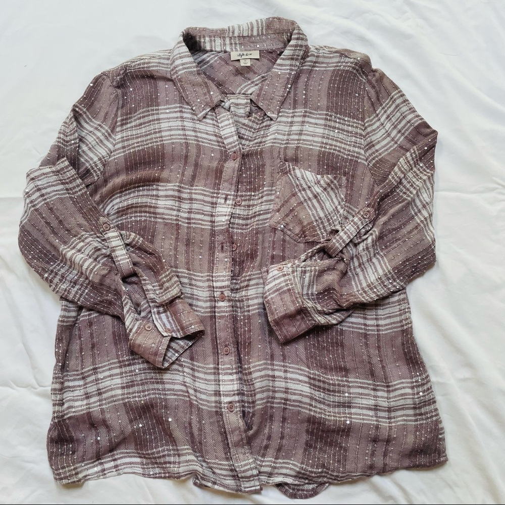 Style & Co. Mauve Plaid Button-Down Shirt with White Stripes